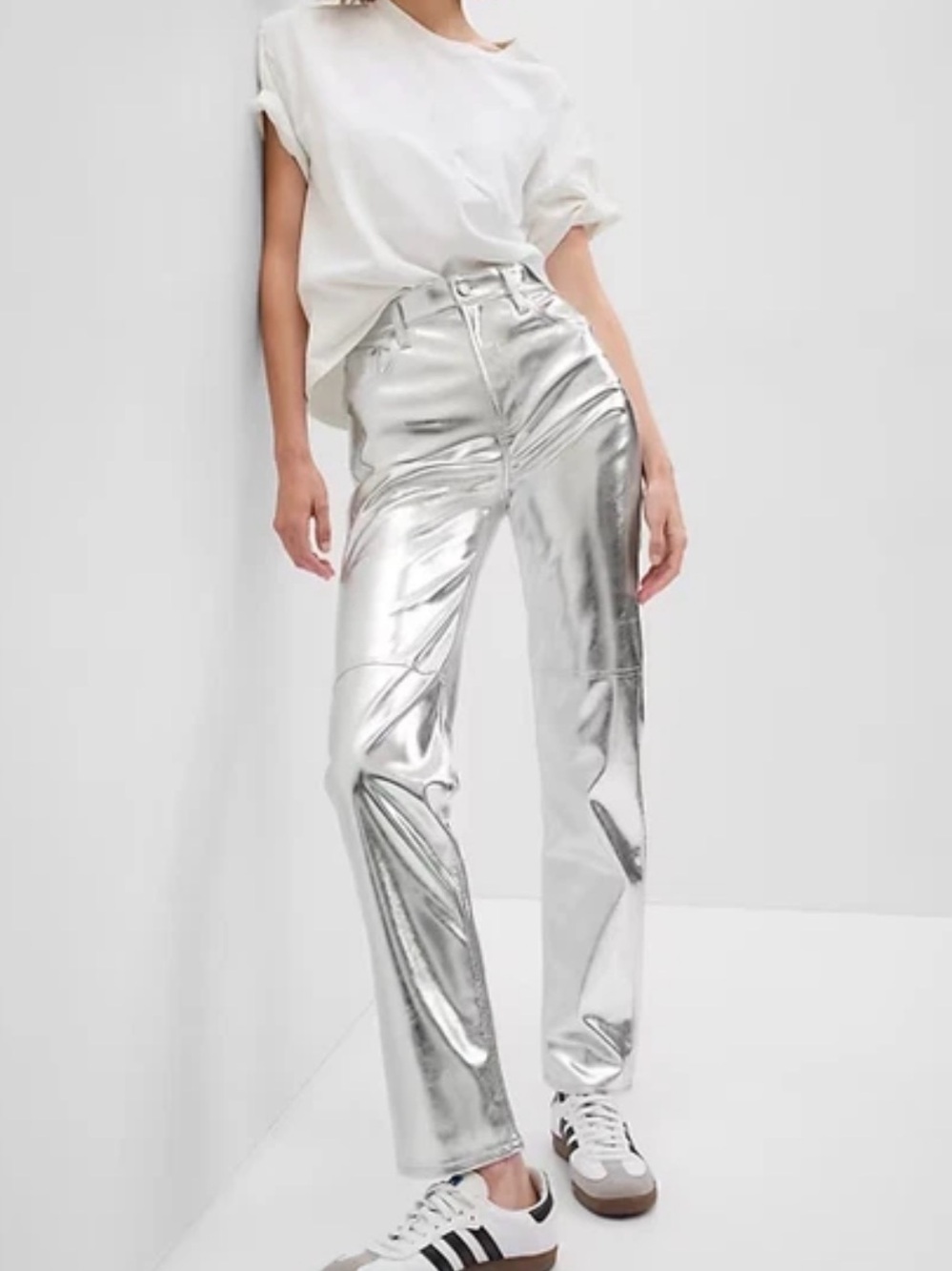 NWT Gap Cheeky Straight High Rise metallic silver vegan leather jeans 25/0